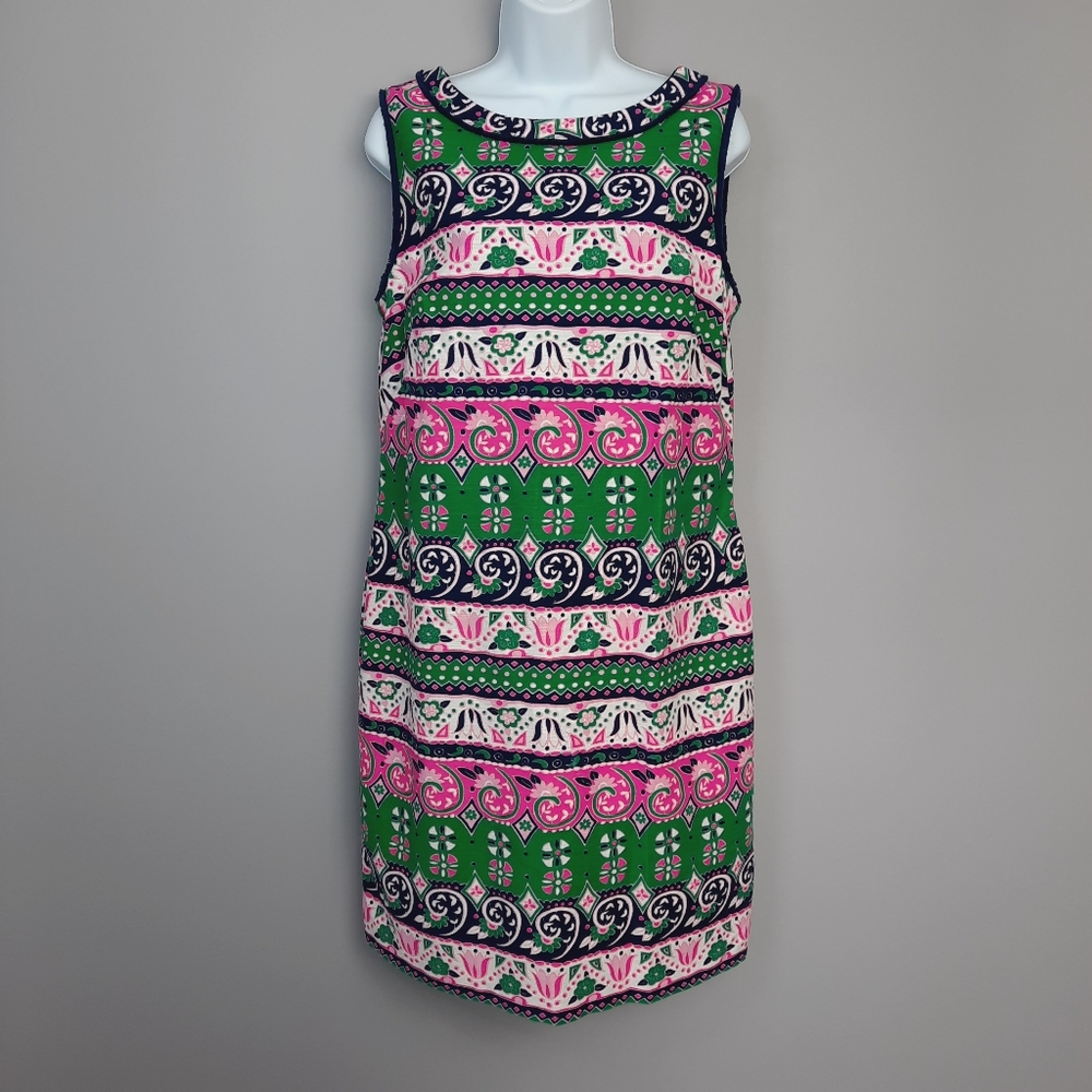 Talbots Pink Green Navy Floral Paisley Fringe Sleeveless Sheath Dress size 10
